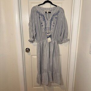 Ellison Women's Large Blue/White Striped Cottagecore Midi Dress